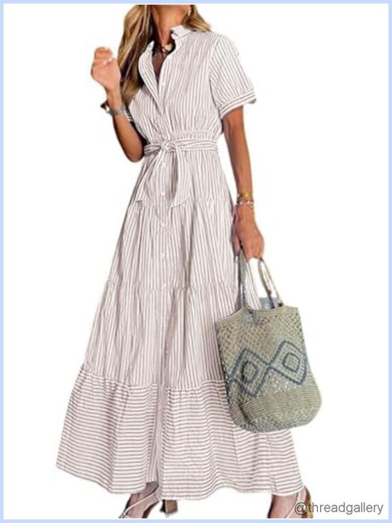 Dresses & Skirts - Womens Button Down Tie Waist Ruffled Striped Maxi Shirt Dress Short Sleeve